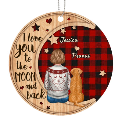 Checkered Pattern Woman Sitting With Dogs Personalized Wooden Ornament