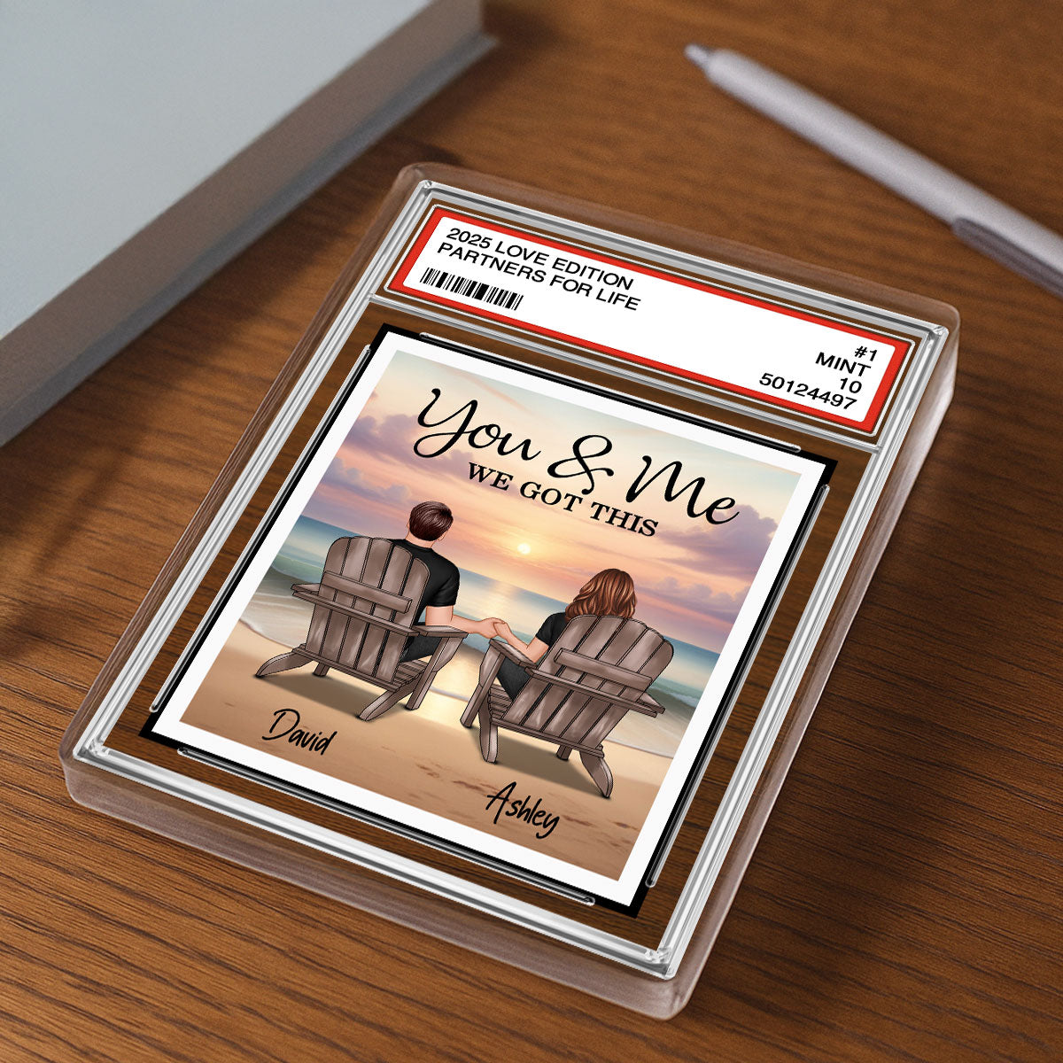 Couple Back View At Beach Trading Card Style Personalized Acrylic Block Plaque, Gift For Him, Gift For Her