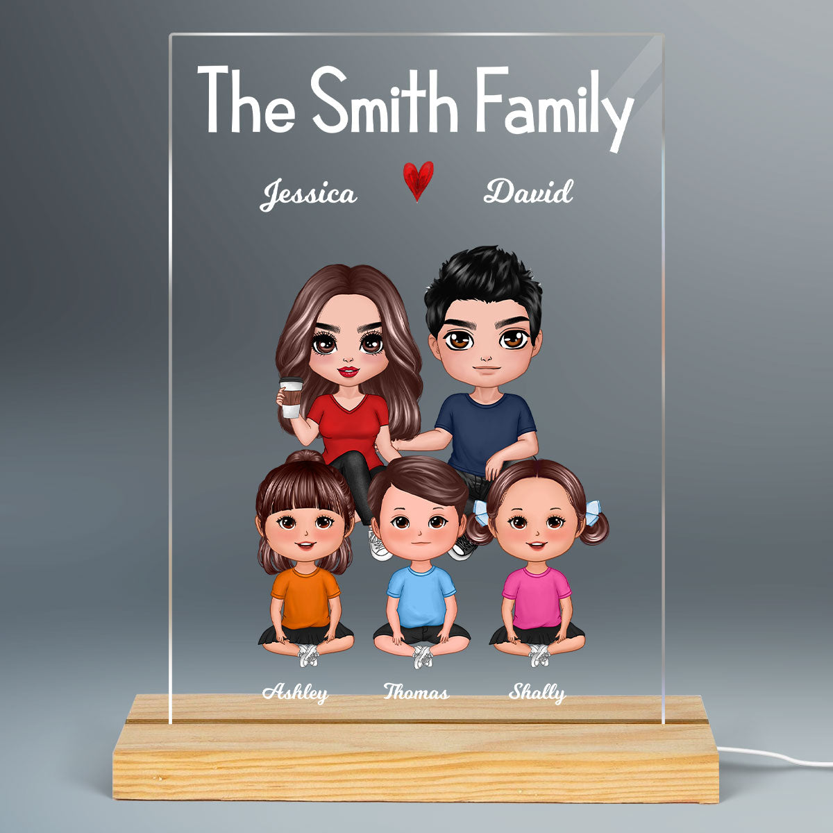 Doll Whole Family Couple Kids Dogs Cats Sitting Personalized Rectangle Acrylic Plaque LED Night Light