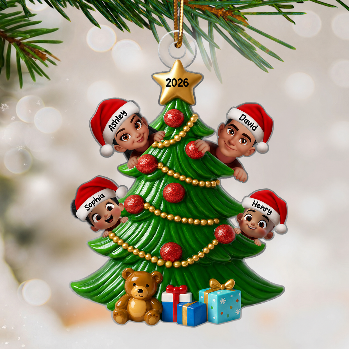 Family Peeking on Christmas Tree Personalized Acrylic Ornament, 2026 Thoughtful Christmas Gift for Family, Husband, Wife