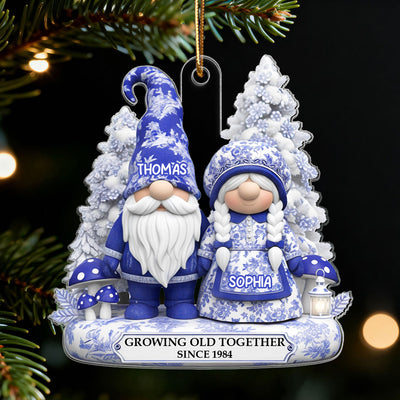 3D Effect Standing Gnome Couple Toile De Jouy Pattern - Personalized Acrylic Ornament