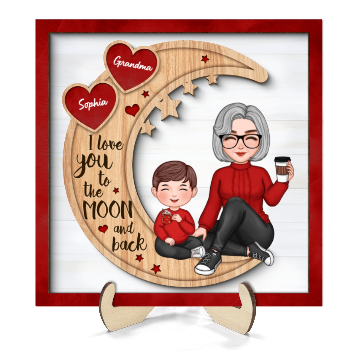 Red Heart Cute Grandma Grandkids Sitting On Moon Personalized 2-Layer Wooden Plaque