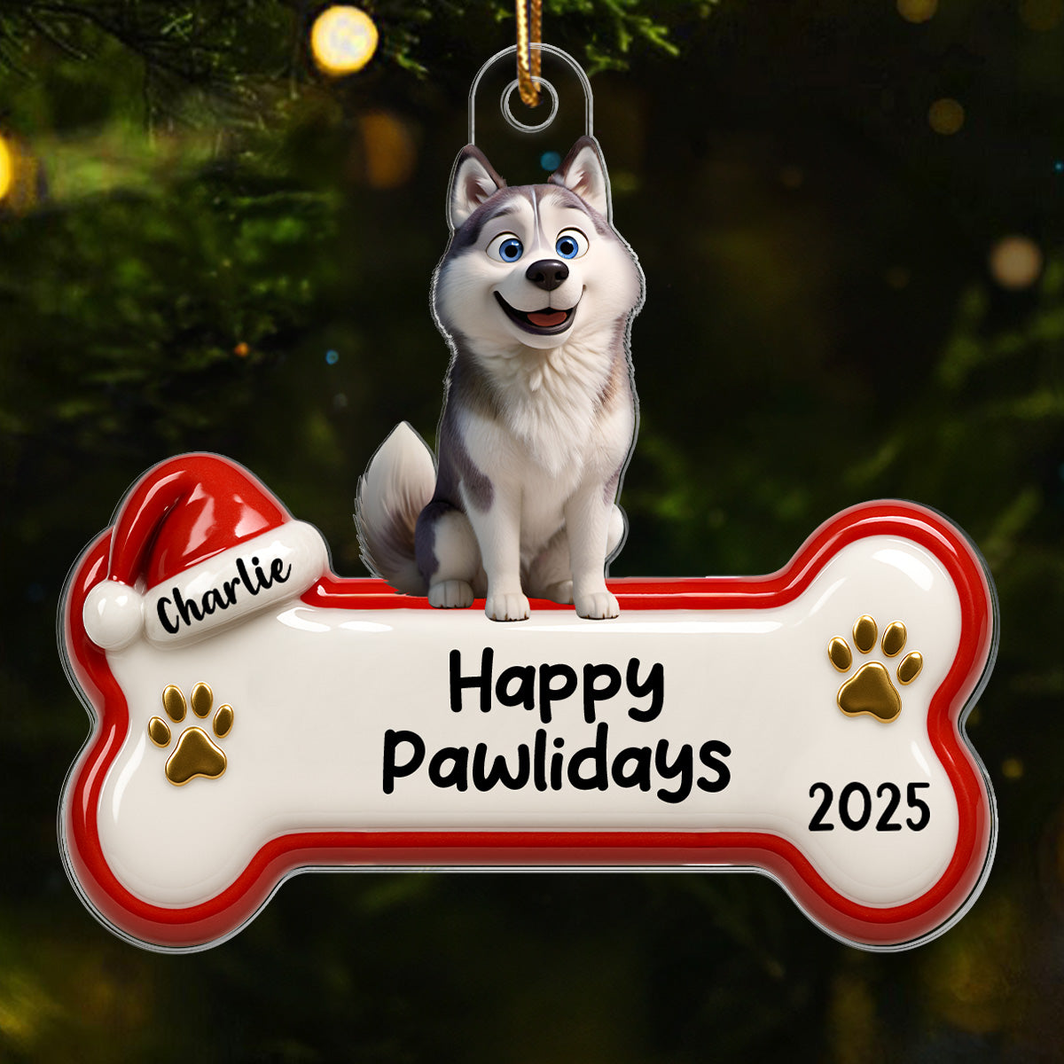 Happy Pawlidays Cartoon Dog 3D Effect - Personalized Acrylic Ornament - Christmas Decor For Dog Lovers