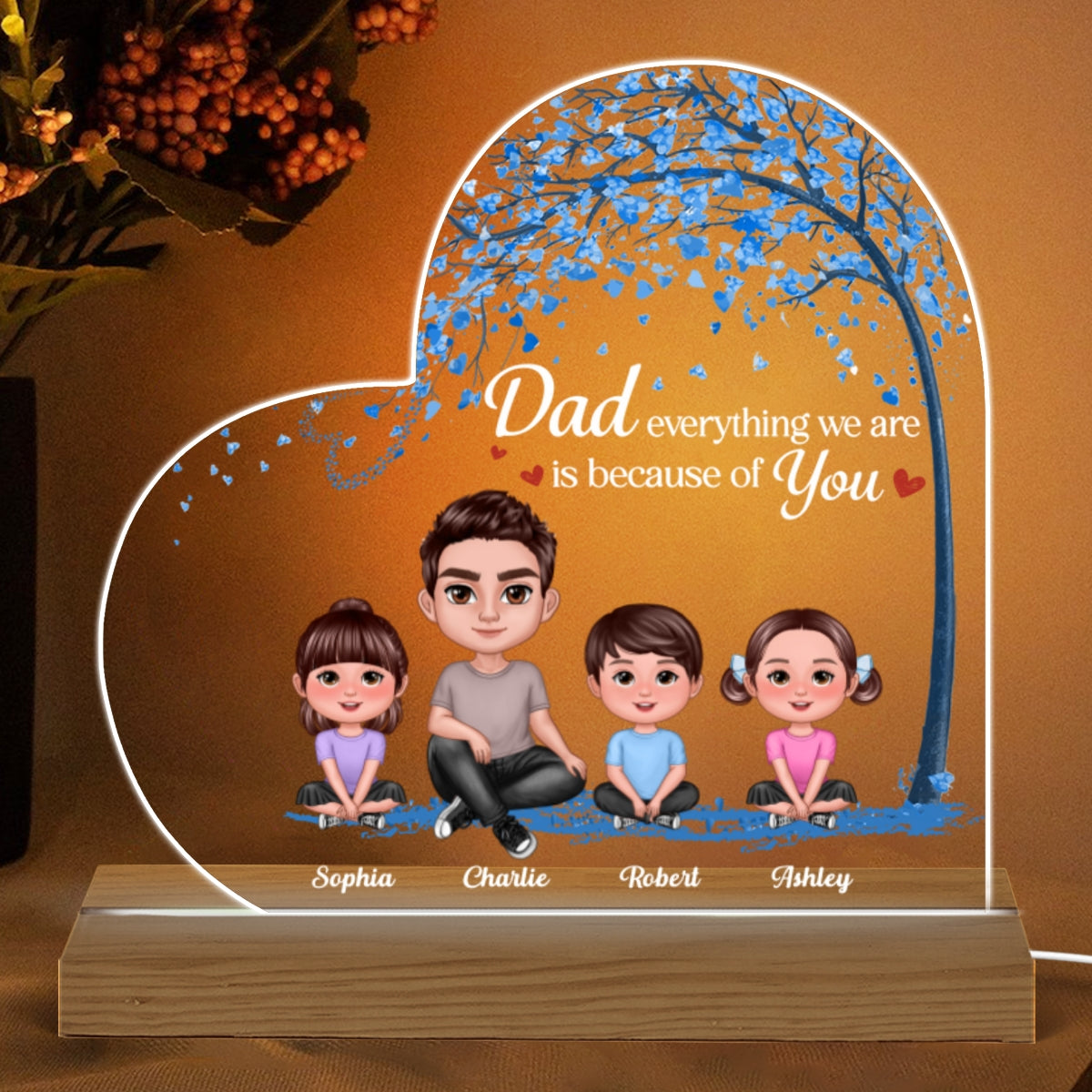 Doll Dad And Kids Under Blue Tree Personalized Warm Acrylic Custom Shape LED Night Light