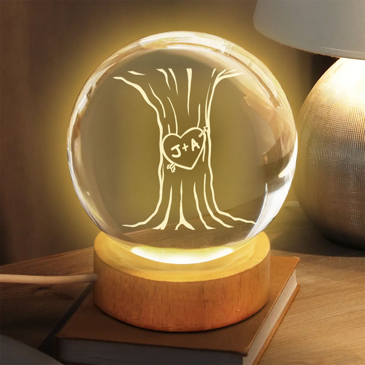 Eternal Love Couple Initial Names Heart Carved Tree - Personalized Crystal Ball LED Night Light - Valentine's Day Gift For Couple