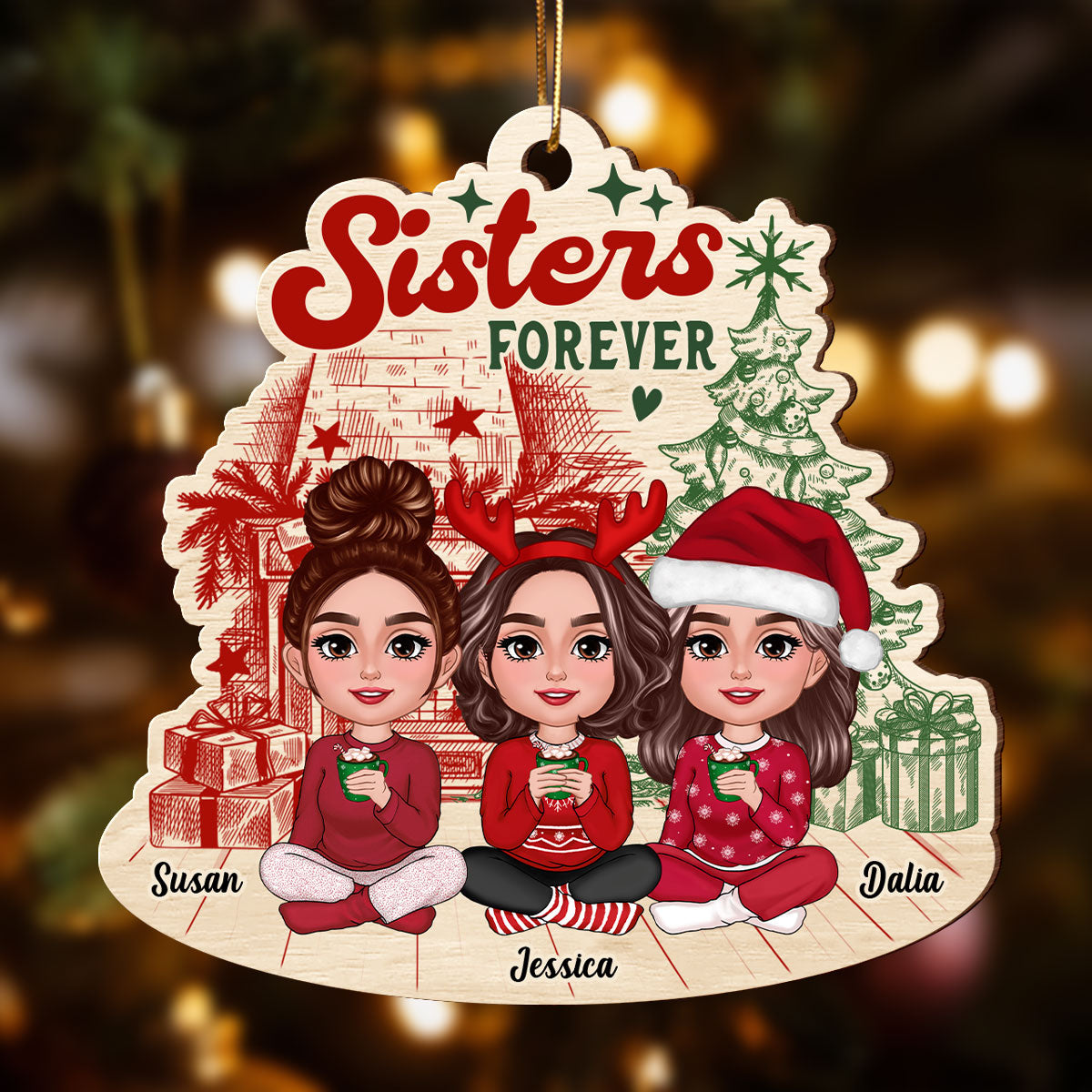 Besties Sisters Sitting Retro Fireplace Christmas Tree Personalized Wooden Ornament