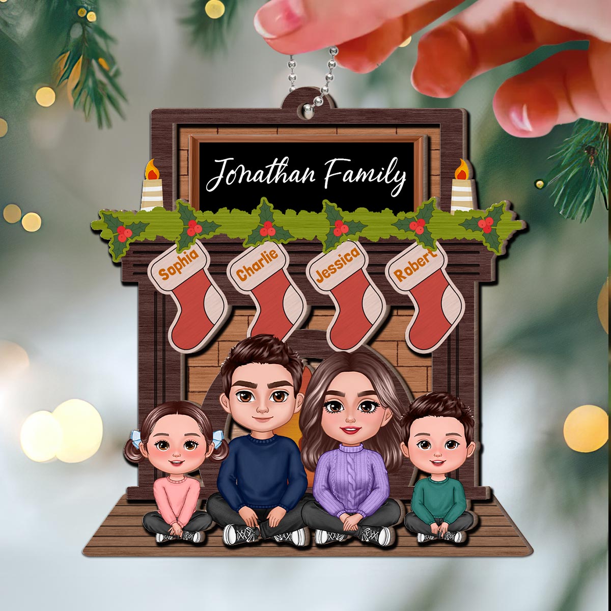 Whole Family Sitting At Christmas Fireplace Personalized 2-Layer Wooden Ornament