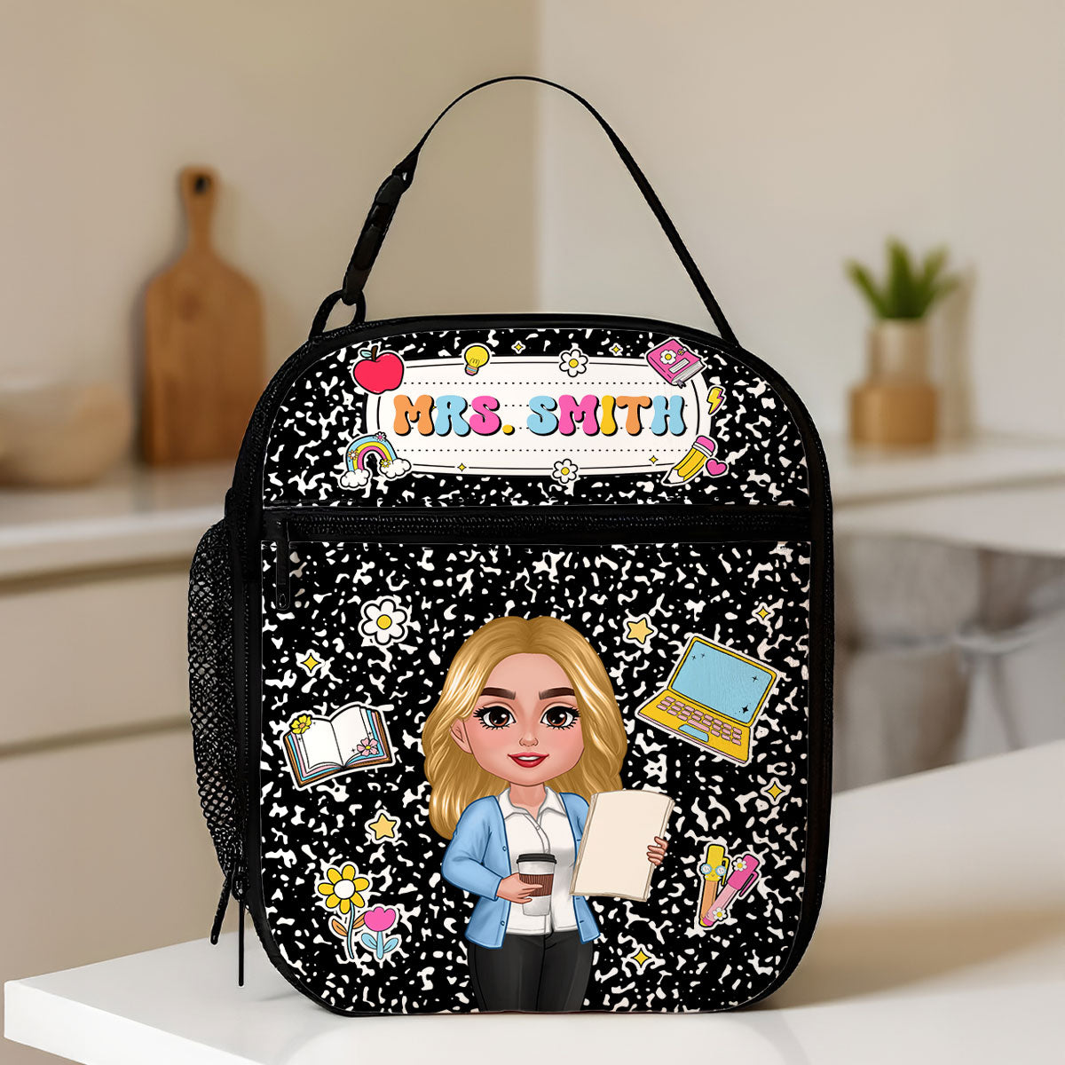 Teacher Composition Book Pattern Personalized Insulated Lunch Bag, Back To School Gift For Teacher