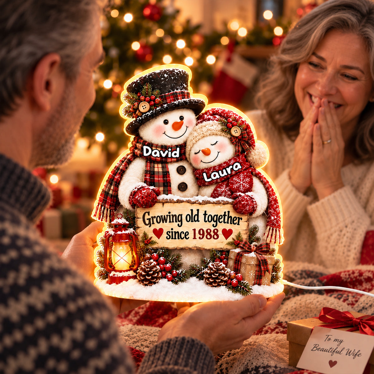 Snowman Couple Hugging Growing Old Together - Personalized Light Box - Heartfelt Christmas Gift for Her, for Him