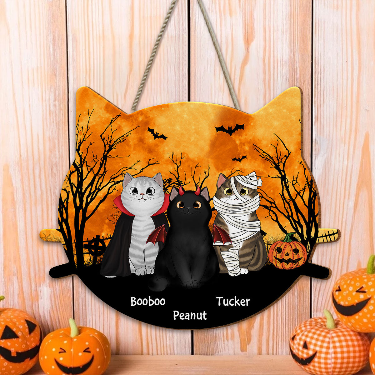 Halloween Cat Face Shaped Personalized Wooden Door Sign, Halloween Decor For Cat Moms