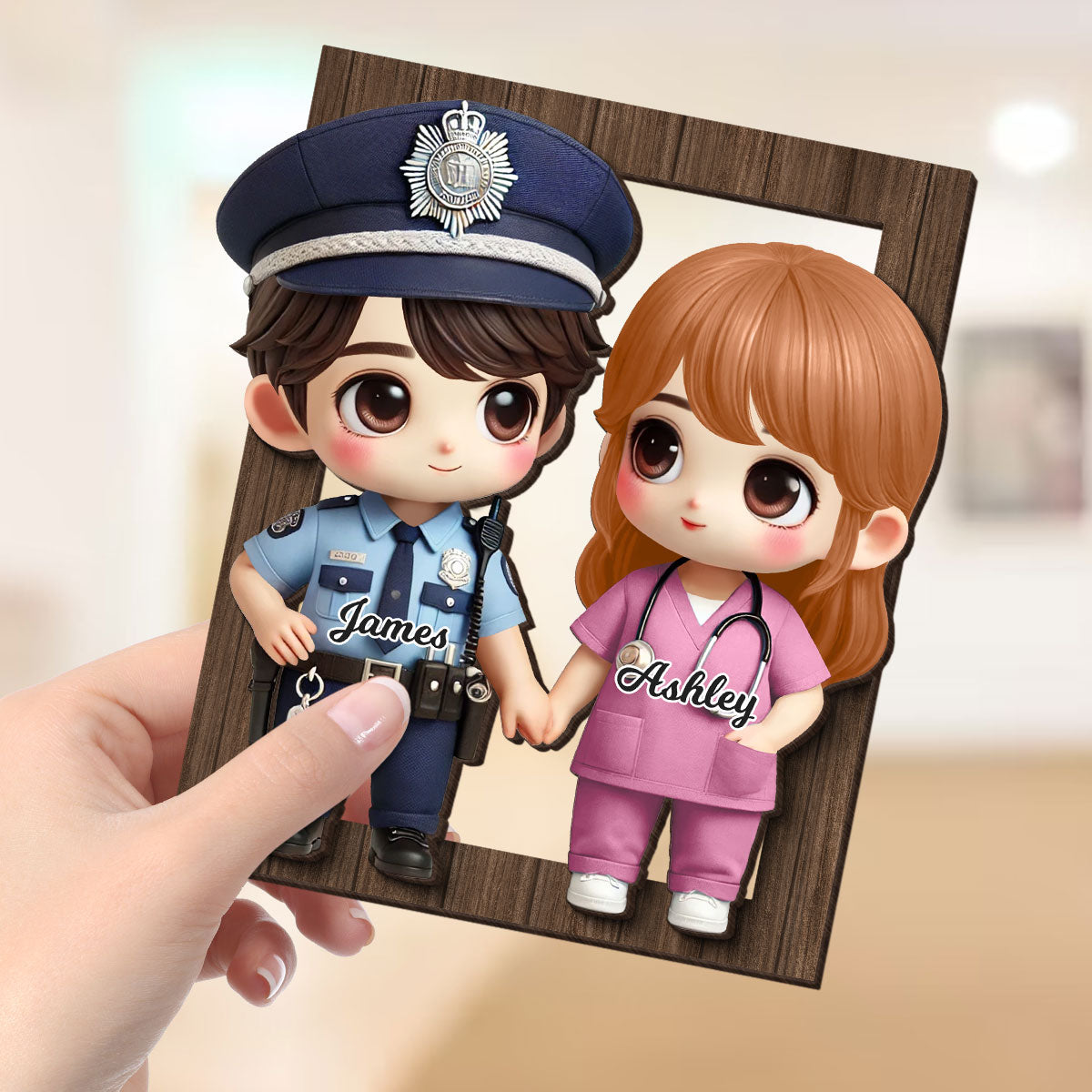 3D Effect Cute Cartoon Couple Gift by Occupation Gift For Her Gift For Him Personalized 2-Layered Wooden Plaque, Anniversary Gift For Couple
