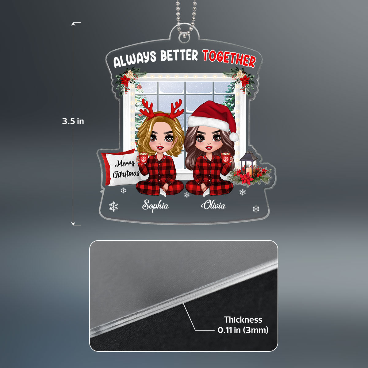 Pajamas Doll Besties Sitting By Christmas Window Personalized Acrylic Ornament