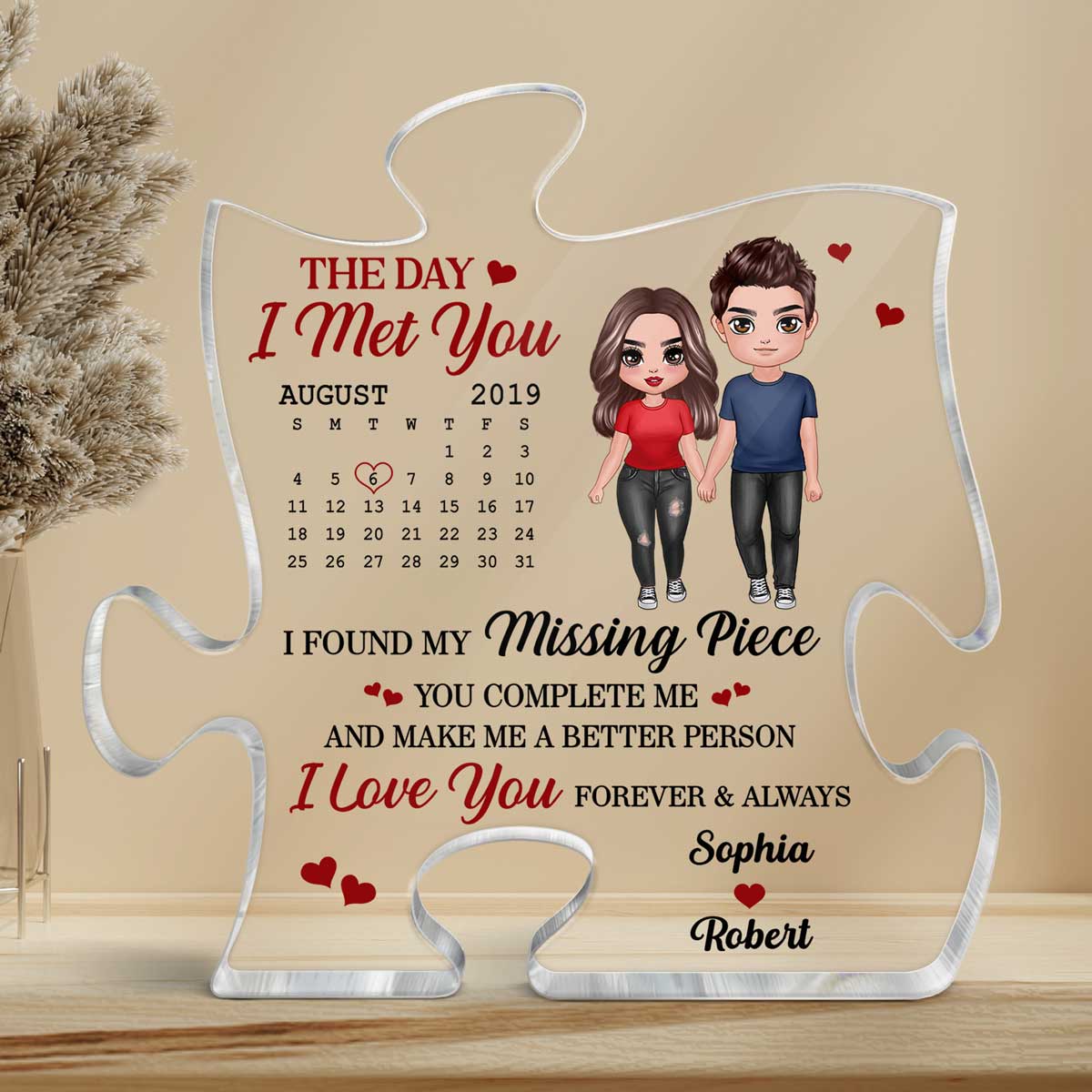 Doll Couple Standing Calendar Anniversary Date Personalized Puzzle Acrylic Plaque