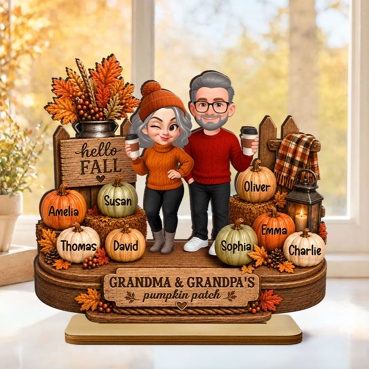 Hello Fall Grandparents' Pumpkin Patch - Personalized 2-Layered Wooden Plaque - Fall Gift, Thanksgiving, Grandparents Day Gift