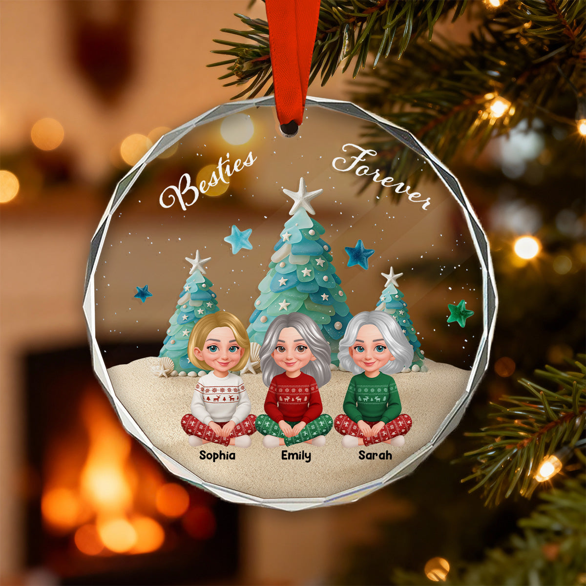3D Sea Glass Effect Christmas Tree Beautiful Besties Forever - Personalized Glass Ornament - Gift For Best Friends