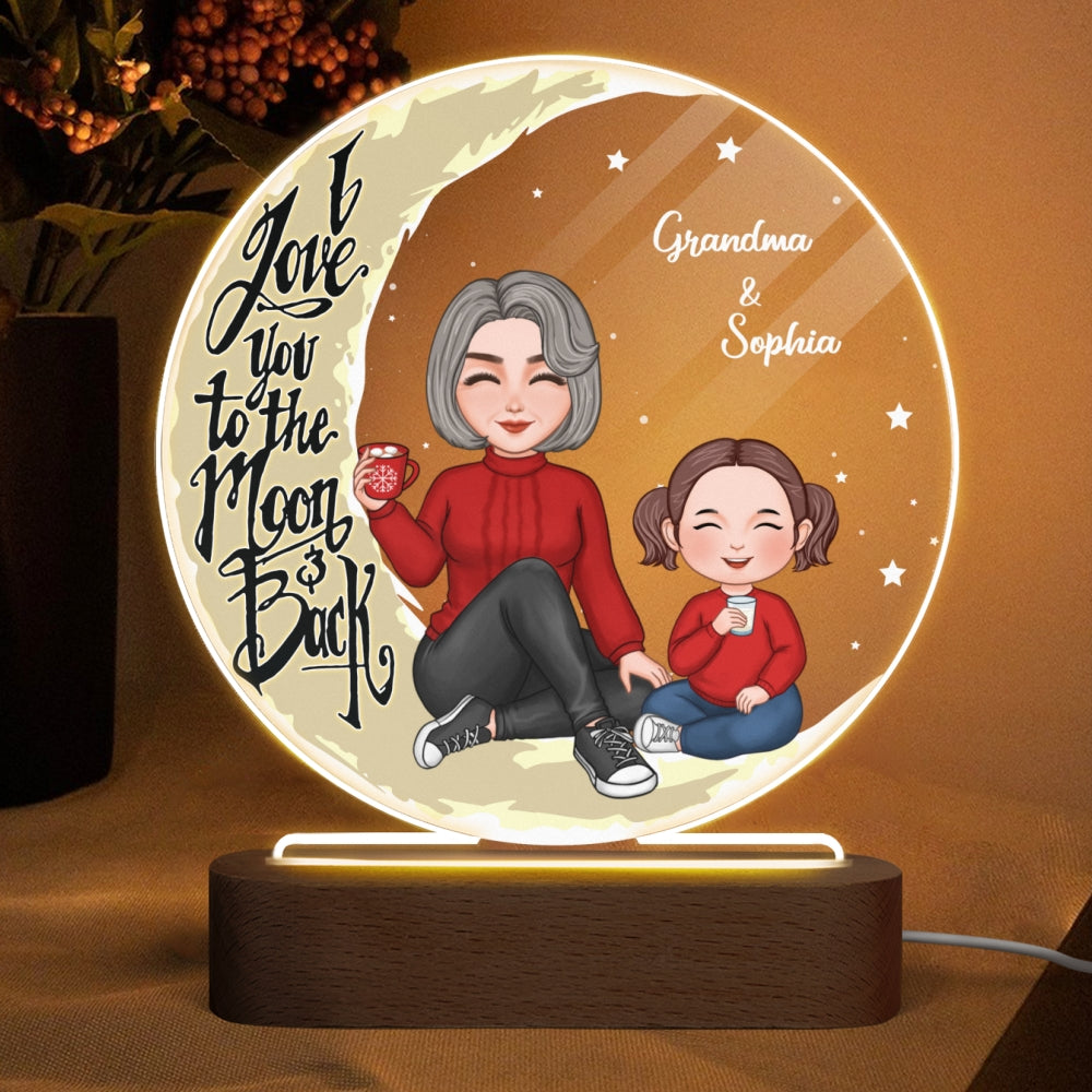 Grandma Grandkid Sitting Love You To The Moon And Back Gift For Granddaughter Grandson Personalized Acrylic Plaque Circle LED Night Light