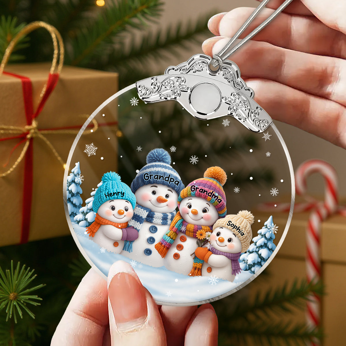 Snowman Grandma & Grandkids in Snow - Personalized Glass Ornament With Silver Cap - Heartwarming Christmas Gift for Grandma Grandpa - 3D Effect Ornament