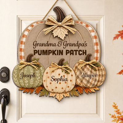 Grandma & Grandpa's Pumpkin Patch Polka Dot Leopard Plaid Pattern Pumpkins 2D Flat Printed - Personalized Door Hanger - Fall Season Decor For Grandparents