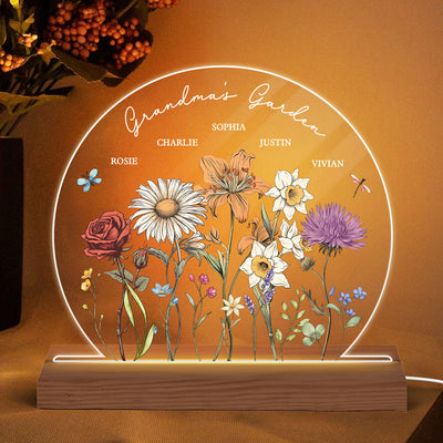 Grandma's Garden Birth Month Flower Personalized Circle LED Night Light, Christmas Gift For Mom, Gift For Grandma