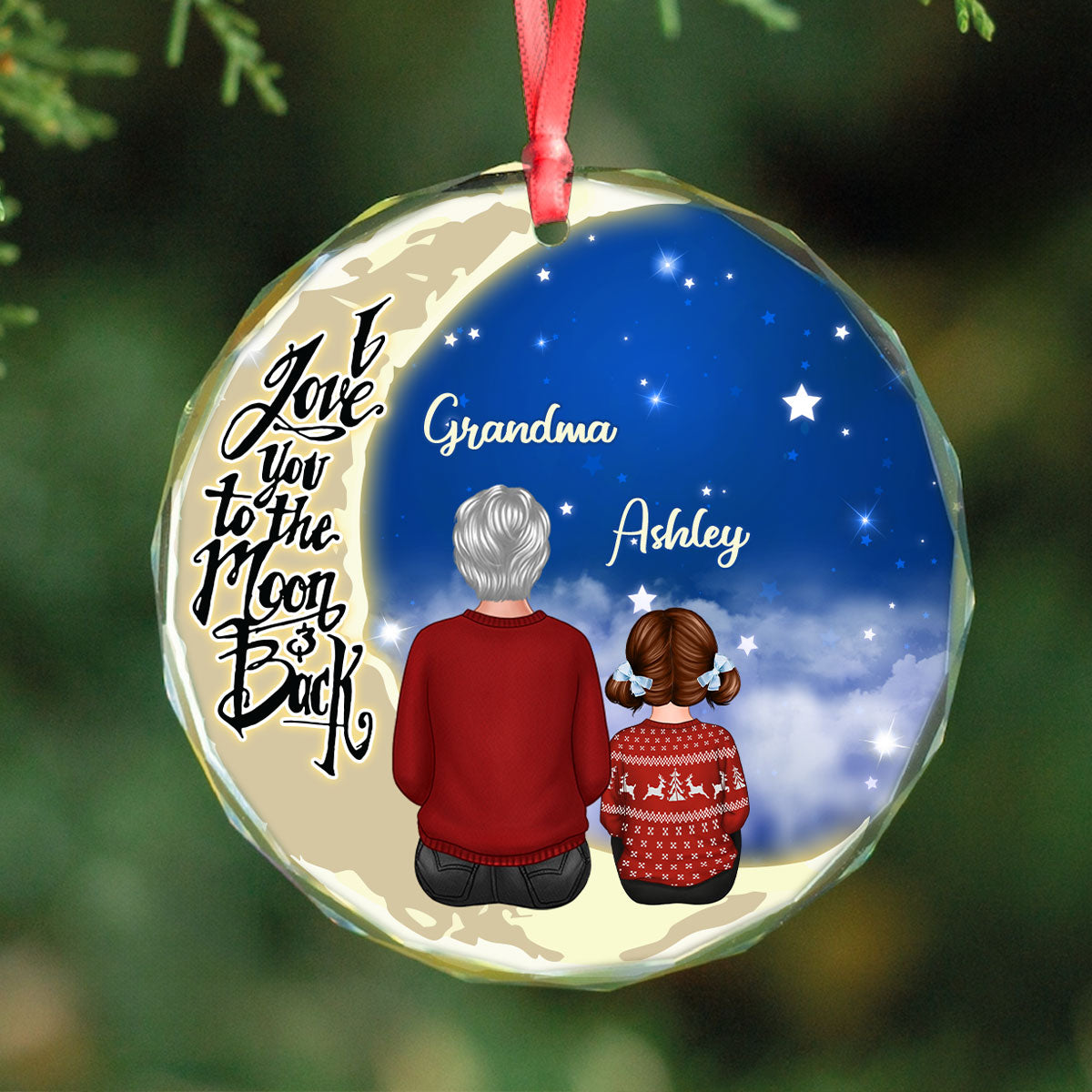 Grandma Grandkids On Moon Personalized Glass Ornament, Christmas Gift for Grandkids, Granddaughter Grandson, Gift for Grandma