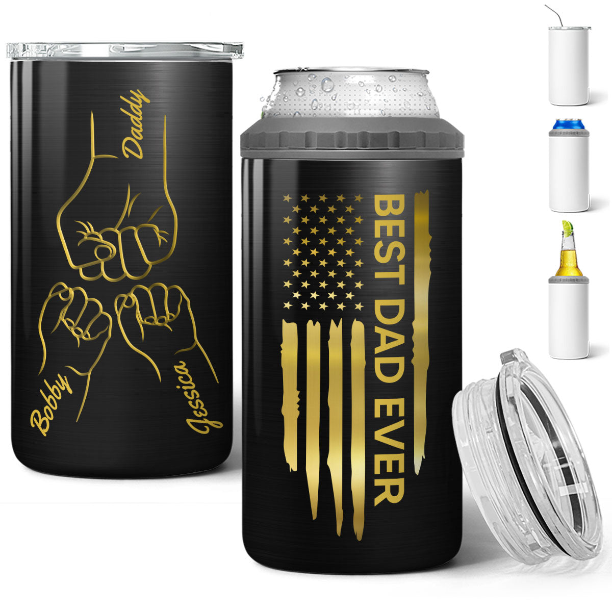 Best Dad Papa Grandpa Ever Fist Bump Outline Nation Flag Gift For Husband Father Figures - Personalized 4-in-1 Can Cooler - Gift For Husband Dad Grandpa
