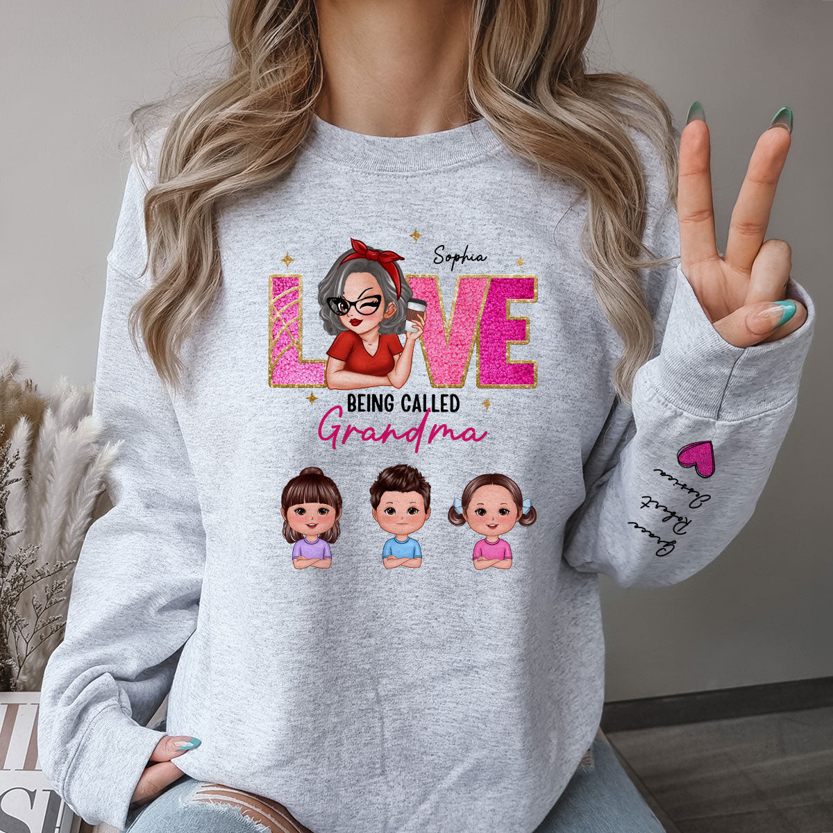 Love Being Called Grandma Glitter Texture Personalized Sleeve Printed Sweatshirt