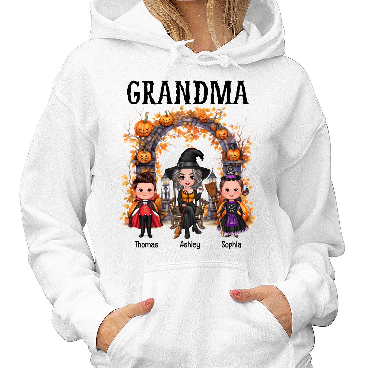 Halloween Grandma Grandkids Pumpkins At Cemetery Personalized Shirt