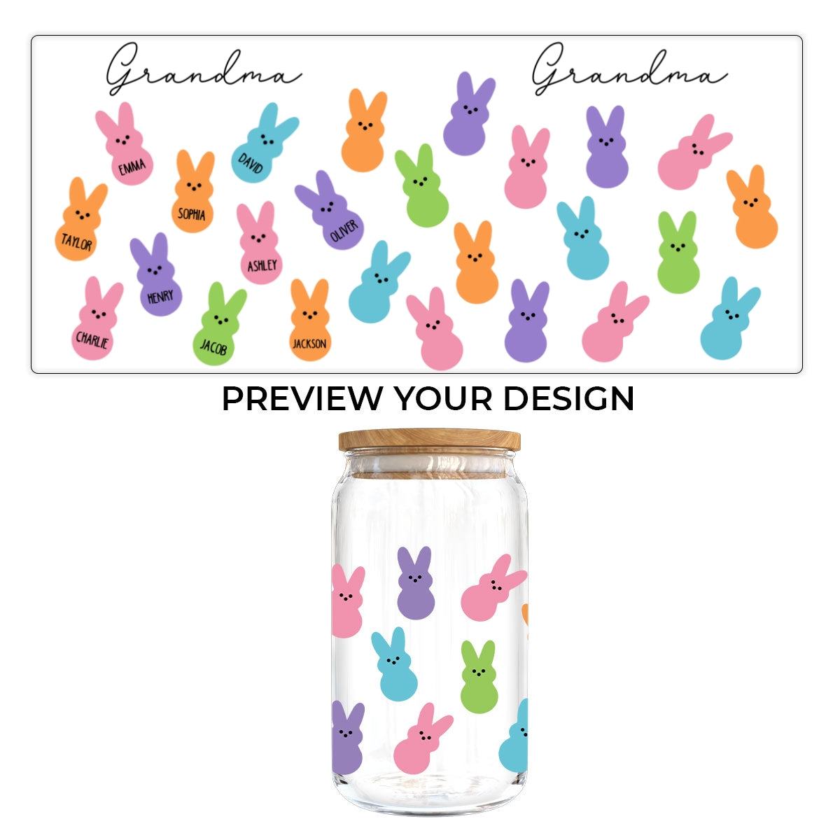 Grandma Mom Auntie Bunnies Easter Gift Personalized Clear Glass Can