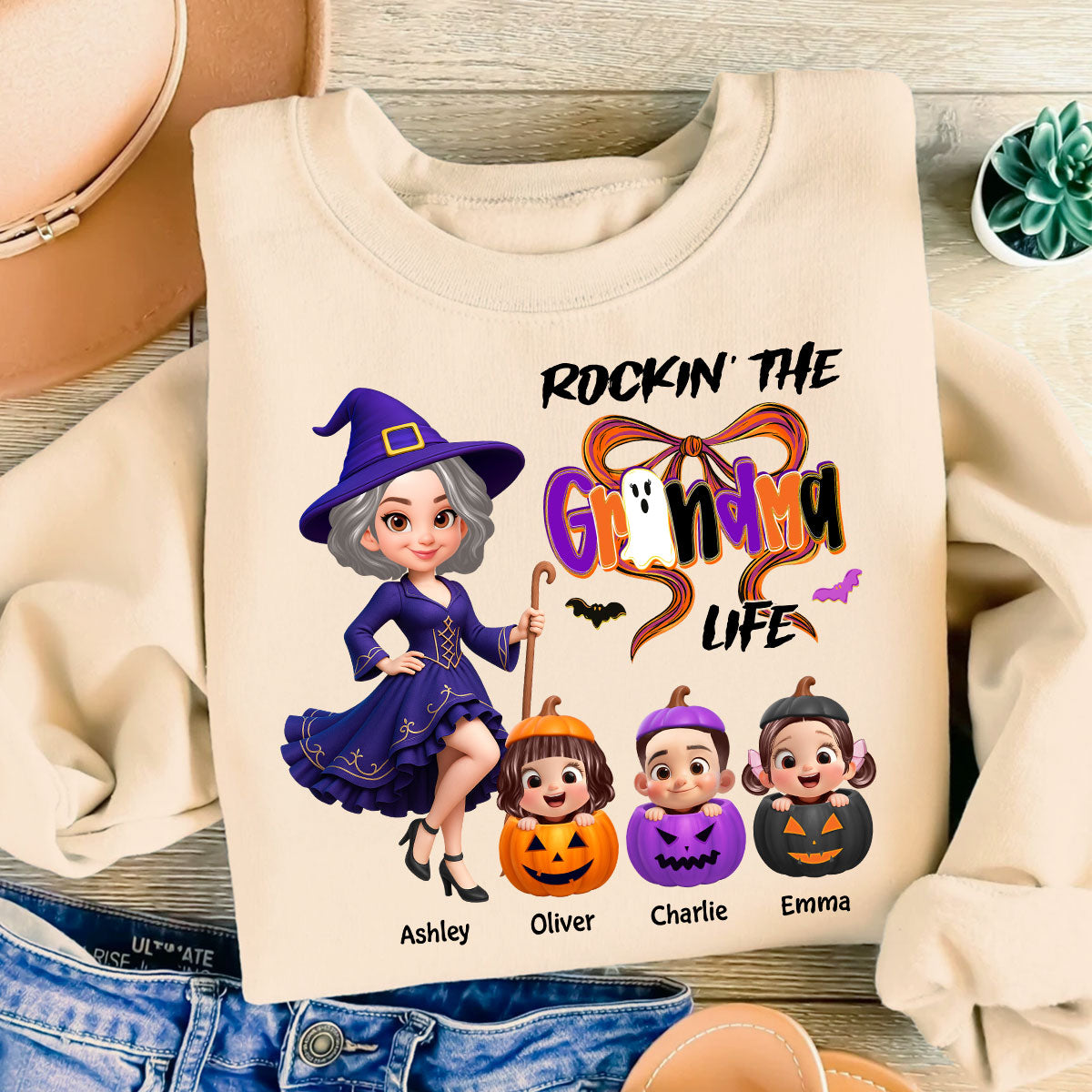 Rockin' Grandma Life Halloween Coquette Bow Grandkids Pumpkins Personalized Sweatshirt