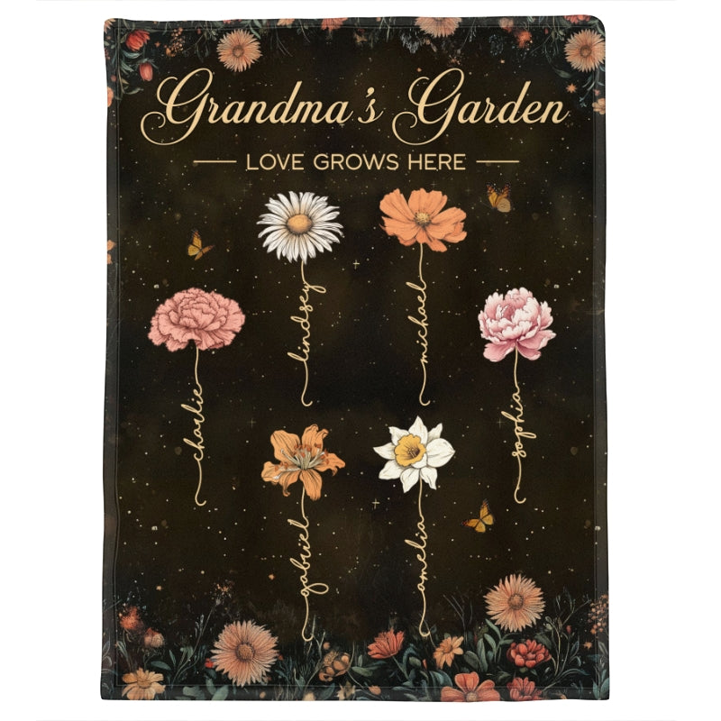 Grandma's Garden Vintage Birth Month Flower Personalized Fleece Blanket, Gift For Grandma