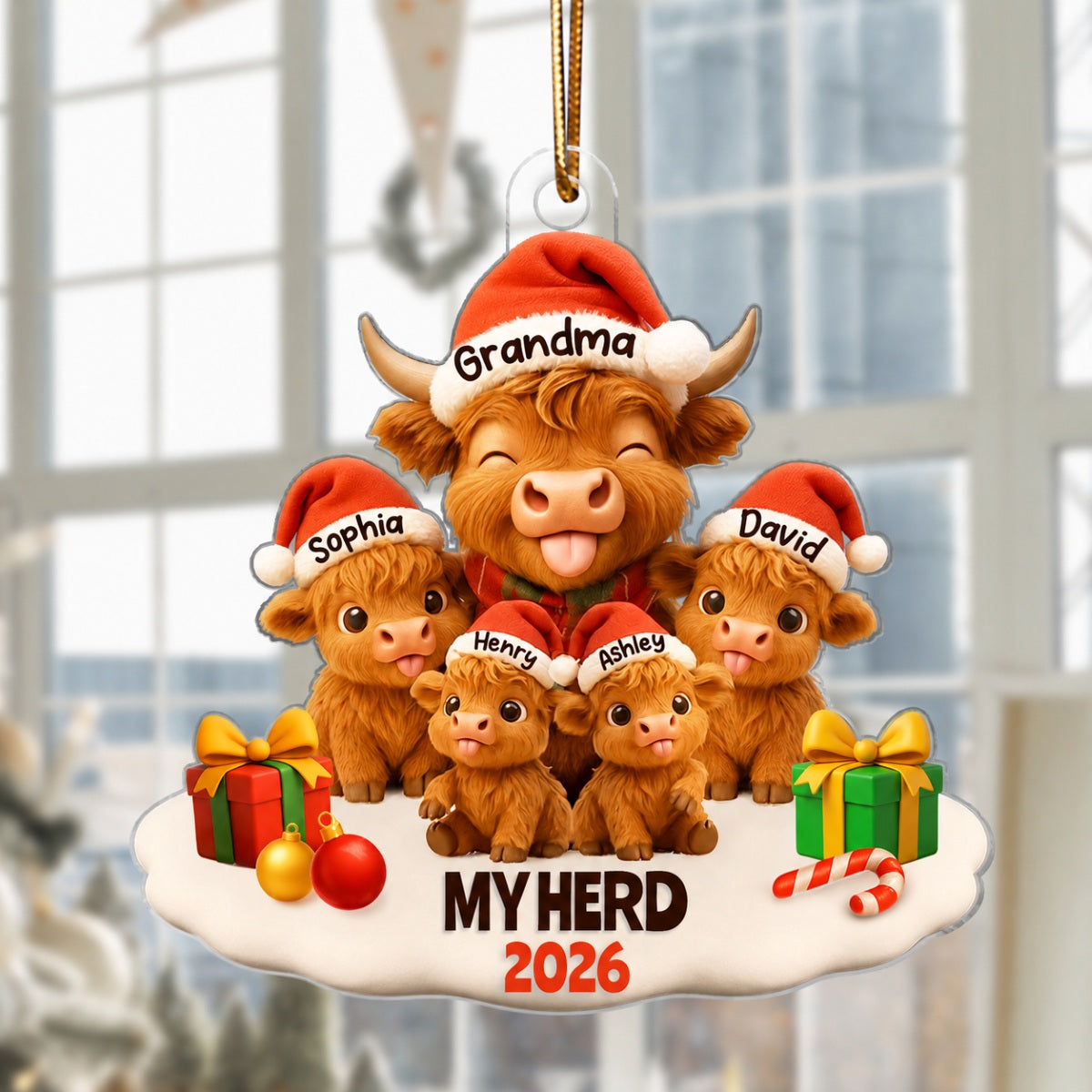 Grandma Grandkids Highland Cow Personalized Acrylic Ornament, Christmas Gift for Grandma, Grandkids