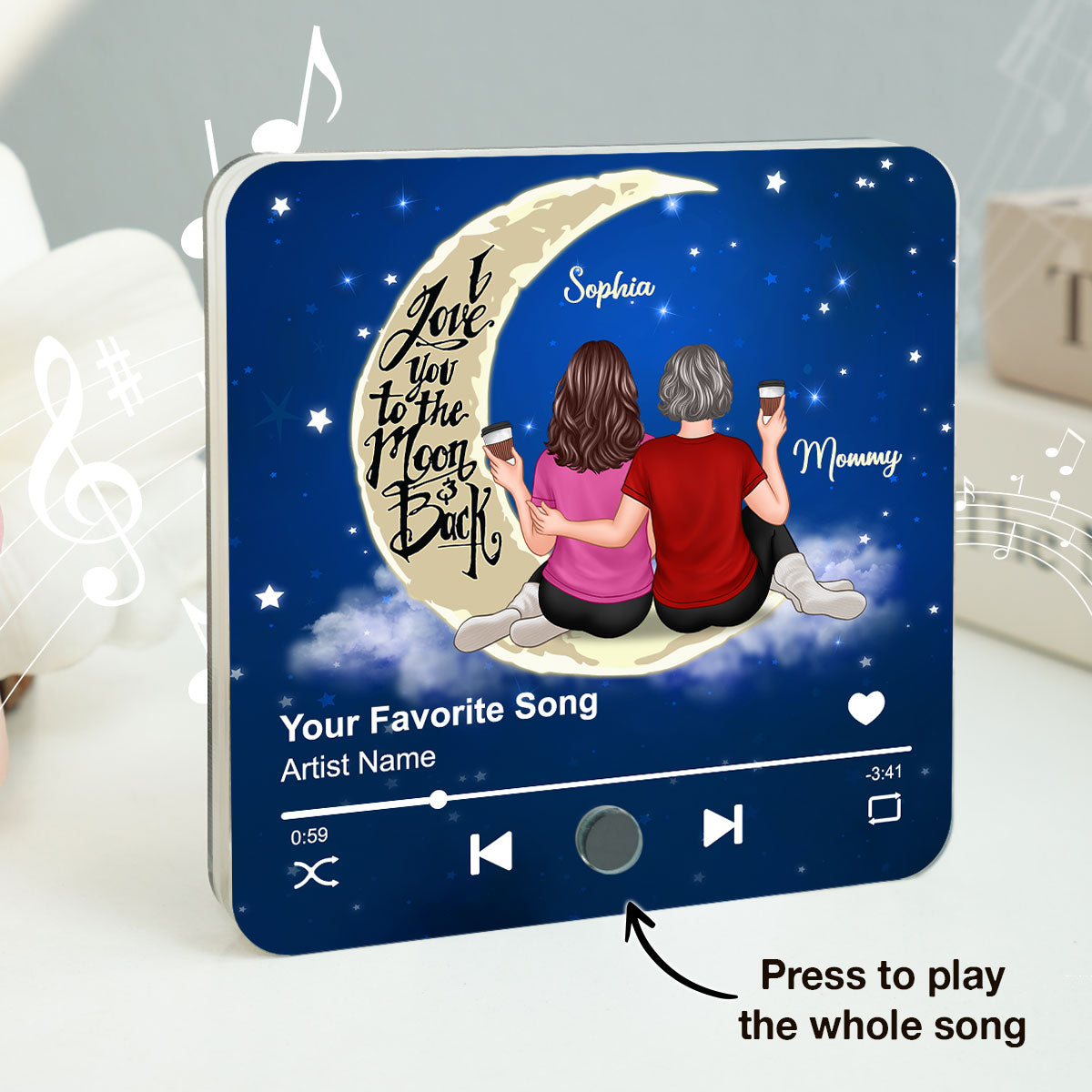 Mother Daughter Forever Linked Together, Sitting on Moon Personalized Music Fridge Magnet, Heartfelt Birthday, Gift for Mom
