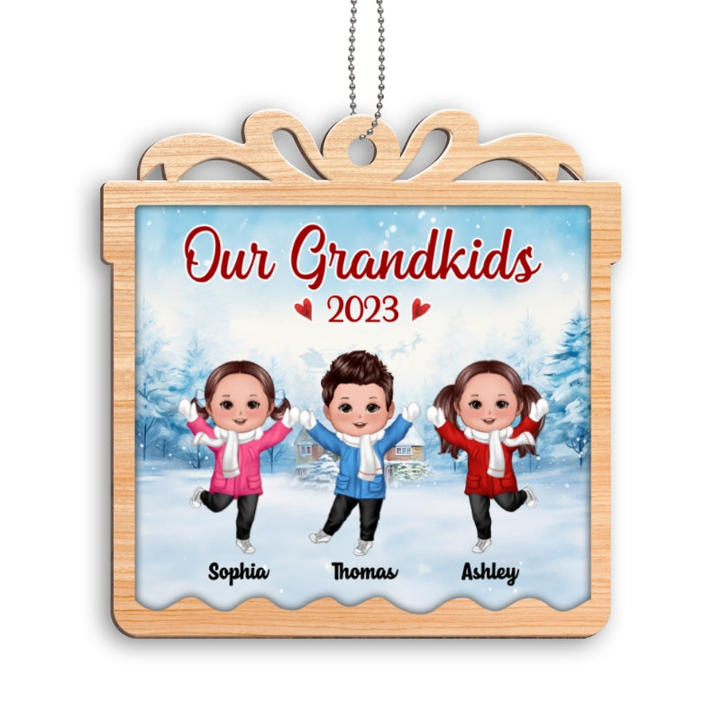 Our Grandkids Happy Kids In Snow Personalized Gift Box Shaped Wooden Ornament