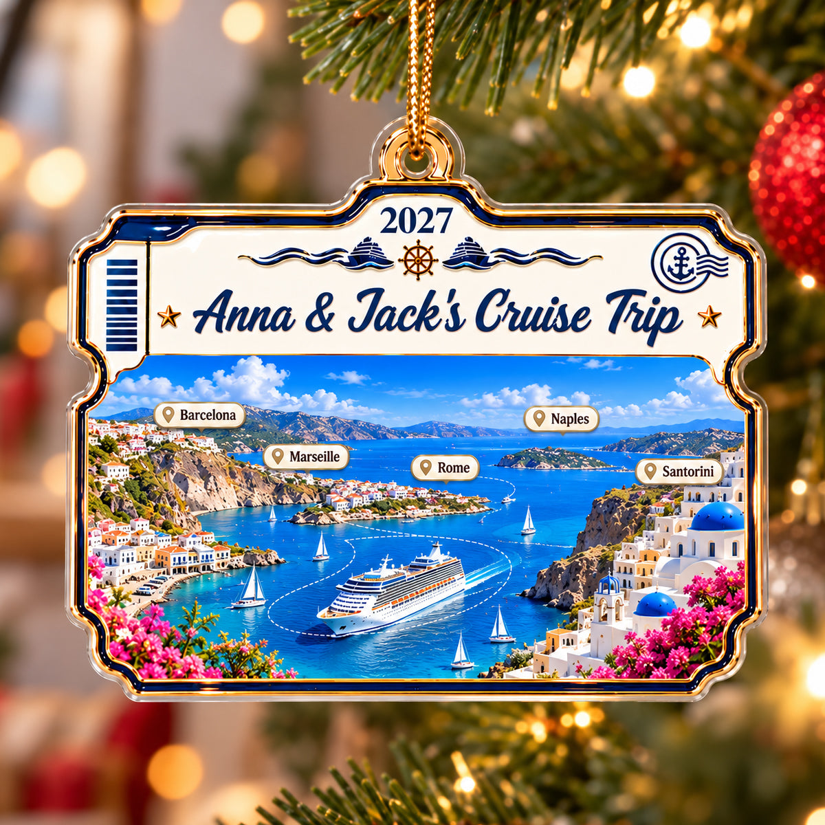 Cruise Destinations Cruise Ticket Frame 2D Flat Printed - Personalized Acrylic Ornament - Cruise Trip Keepsake, Christmas Tree Decor For Family, Couples