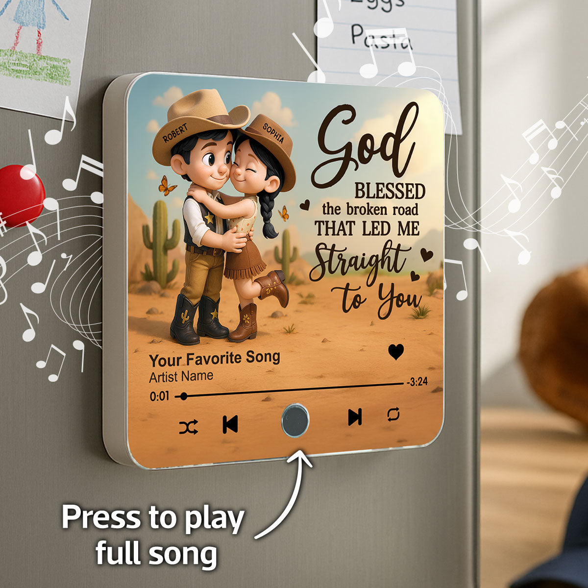Favorite Place Is Next To You Cartoon Style Countryside Couple Cowboy Cowgirl Personalized Music Fridge Magnet