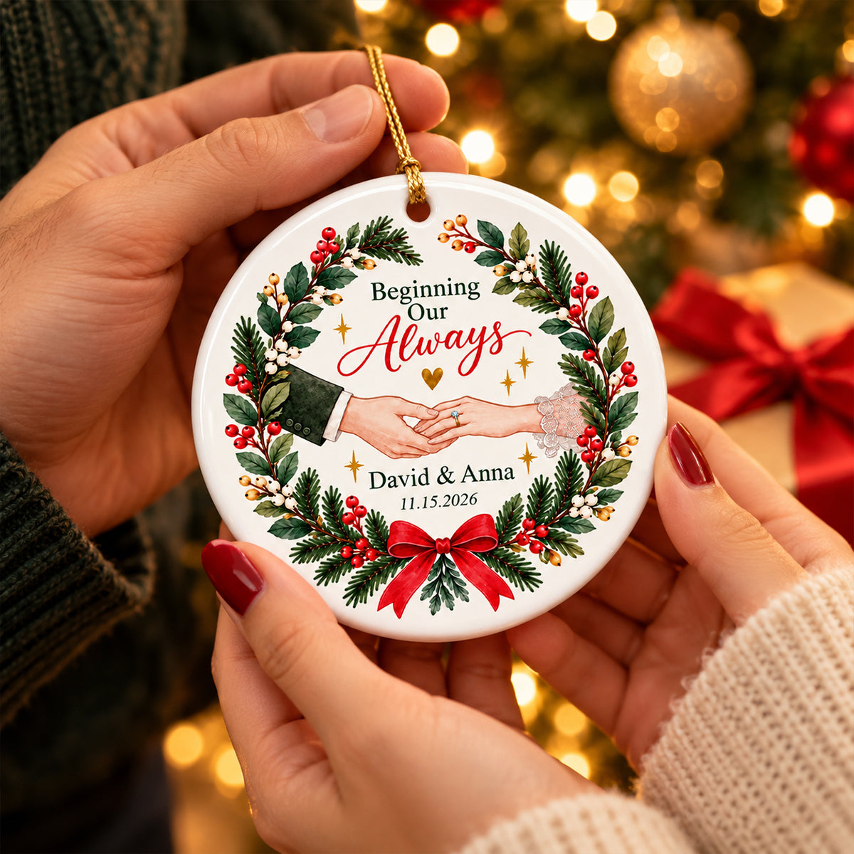Our Forever Christmas Couple Hands - Personalized Ceramic Ornament - Love Keepsake for Couples, Romantic Gift for Newlyweds Husband Wife