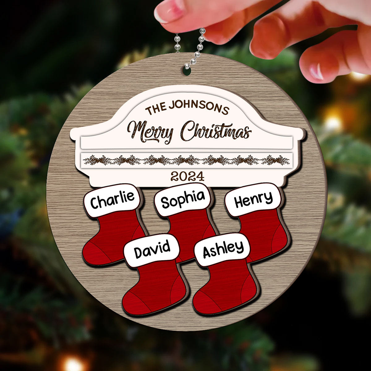 Family Name Stocking Christmas Decor Personalized 2-Layer Wooden Ornament