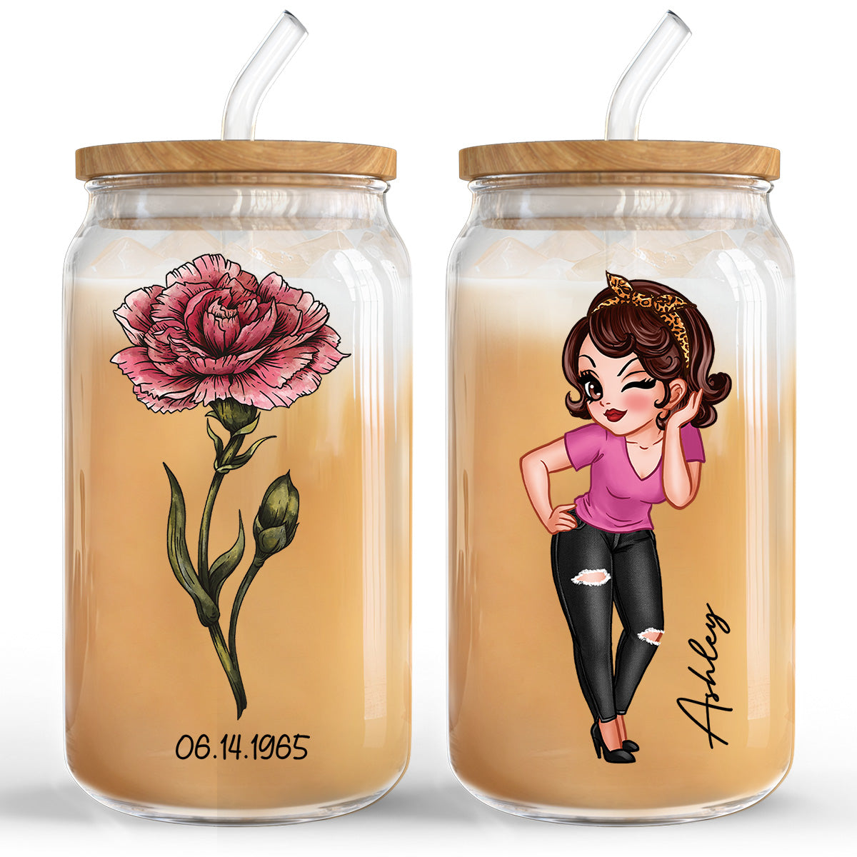 Vintage Birth Flower With Name & Birth Day Gift For Mom Grandma Pretty Woman Personalized Clear Glass Can