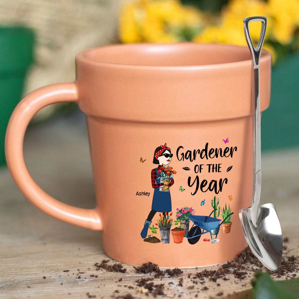 Gardener Of The Year Funny Cartoon Plant Lady Personalized Plant Pot Ceramic Mug