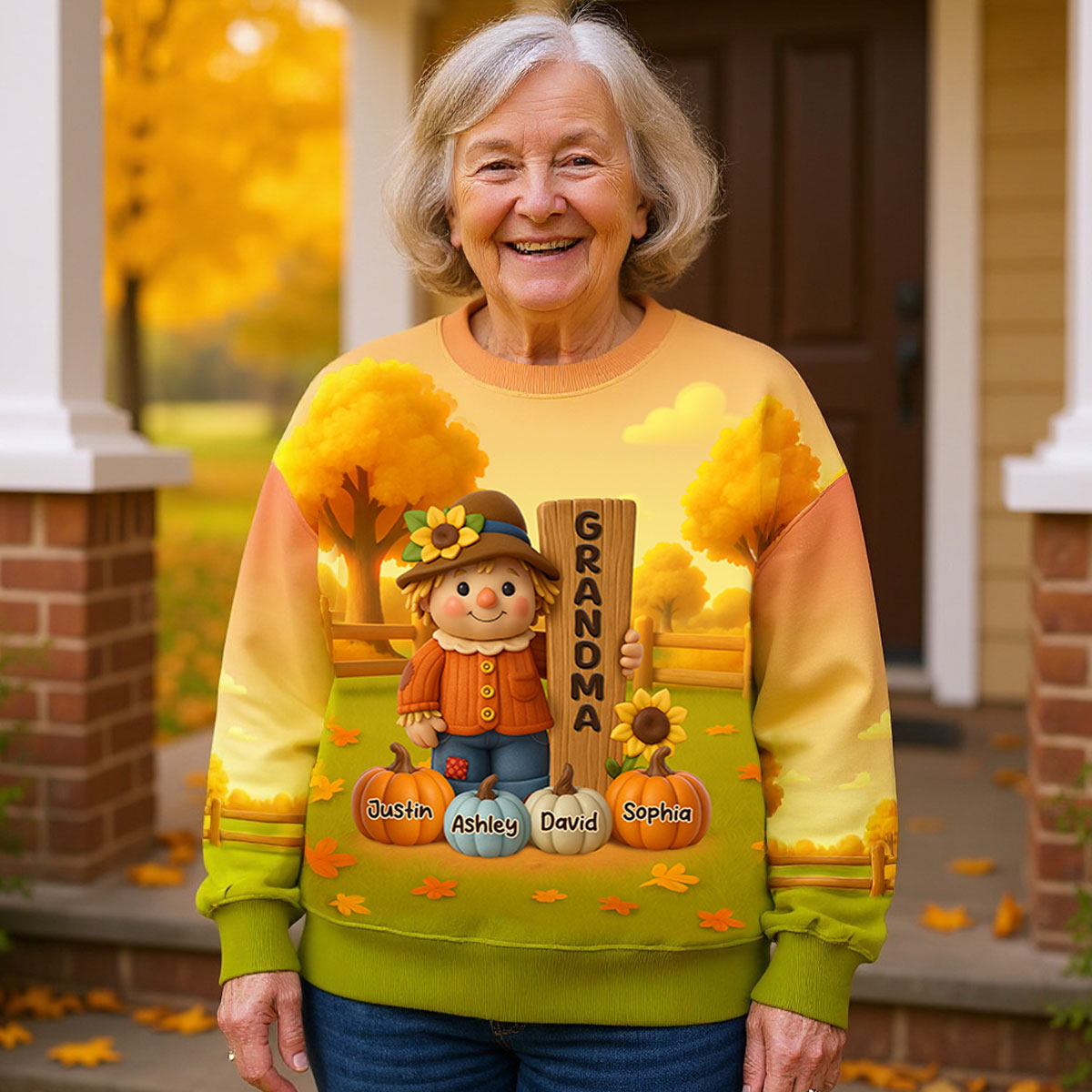 Grandma Scarecrow Standing Grandkids Pumpkins 3D Effect Personalized Sweatshirt