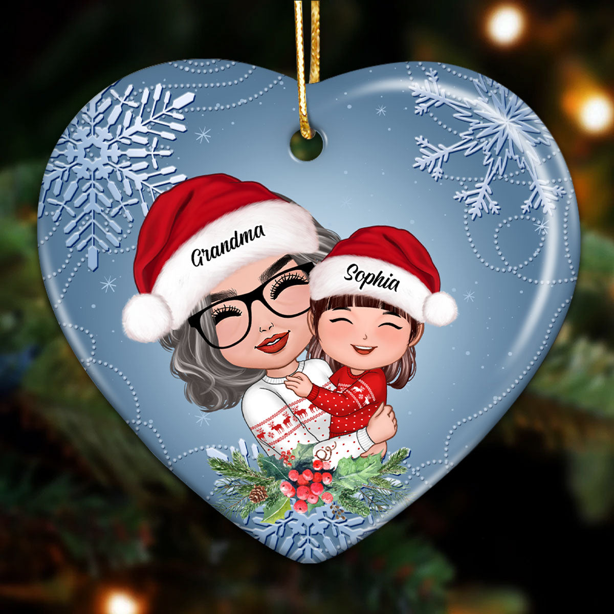 Doll Grandma Hugging Granddaughter Grandson In Winter Theme Personalized Heart Ornament
