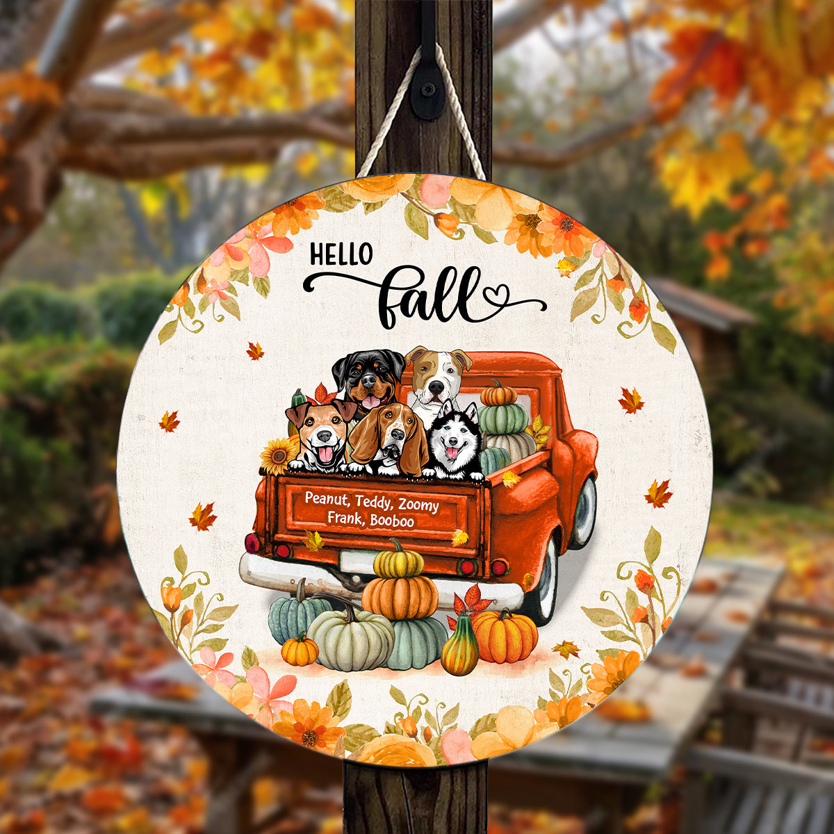 Hello Fall Dogs On Truck Personalized Wooden Door Sign