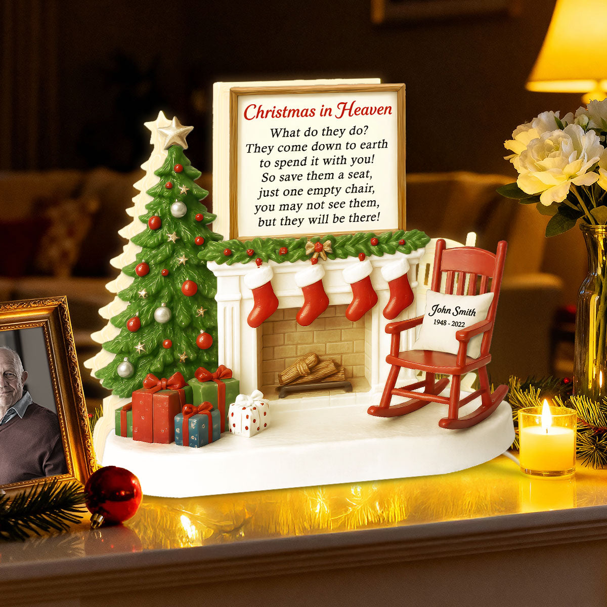 3D Effect Christmas In Heaven Chair At Fireplace - Personalized Light Box - Christmas Memorial Keepsake For Family