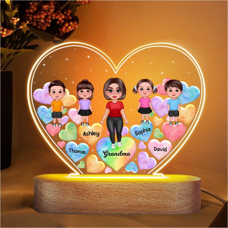 Grandma Mom Standing Doll Hearts In Heart Personalized Heart Acrylic LED Night Light