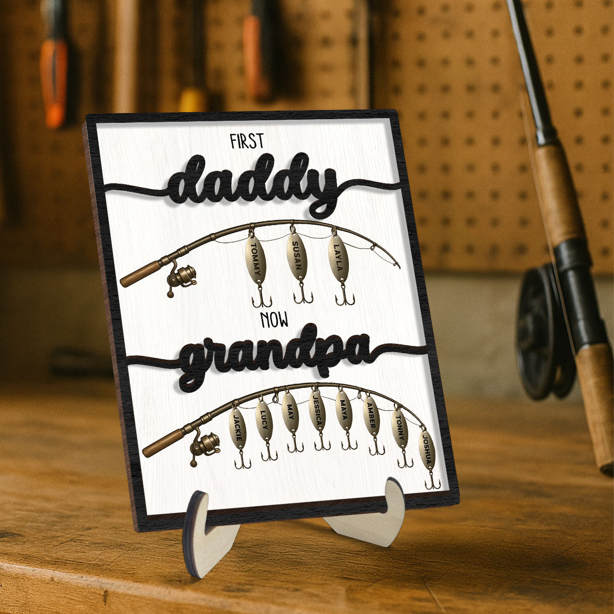 First Dad Now Grandpa Fishing Lures With Kids' Names Personalized 2-Layered Wooden Plaque, Father's Day Gift For Husband, For Dad, For Grandpa