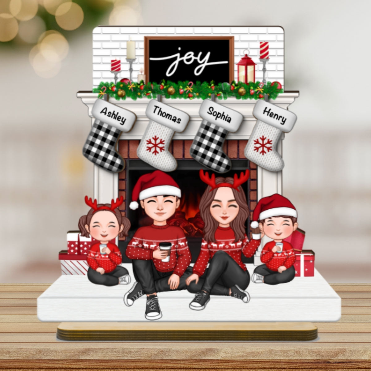 Cute Family Dad Mom Kids Sitting At Christmas Fireplace Personalized 2-Layer Standing Wooden Plaque
