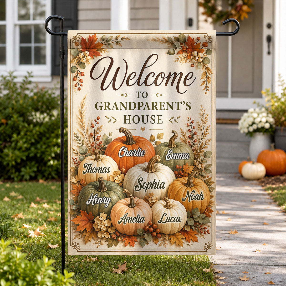 Welcome To Grandparent's House Fall Pumpkin - Personalized Garden Flag - Fall Season Decor Gift, Gift For Grandma, Grandpa