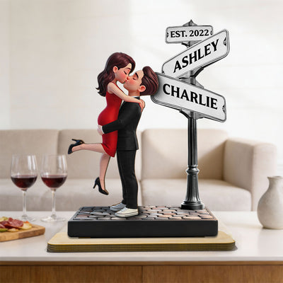 Eternal Love Romantic Couple Hugging Kissing Street Sign - Personalized 2-Layered Wooden Plaque - Heartfelt Valentine's Day Gift For Couple
