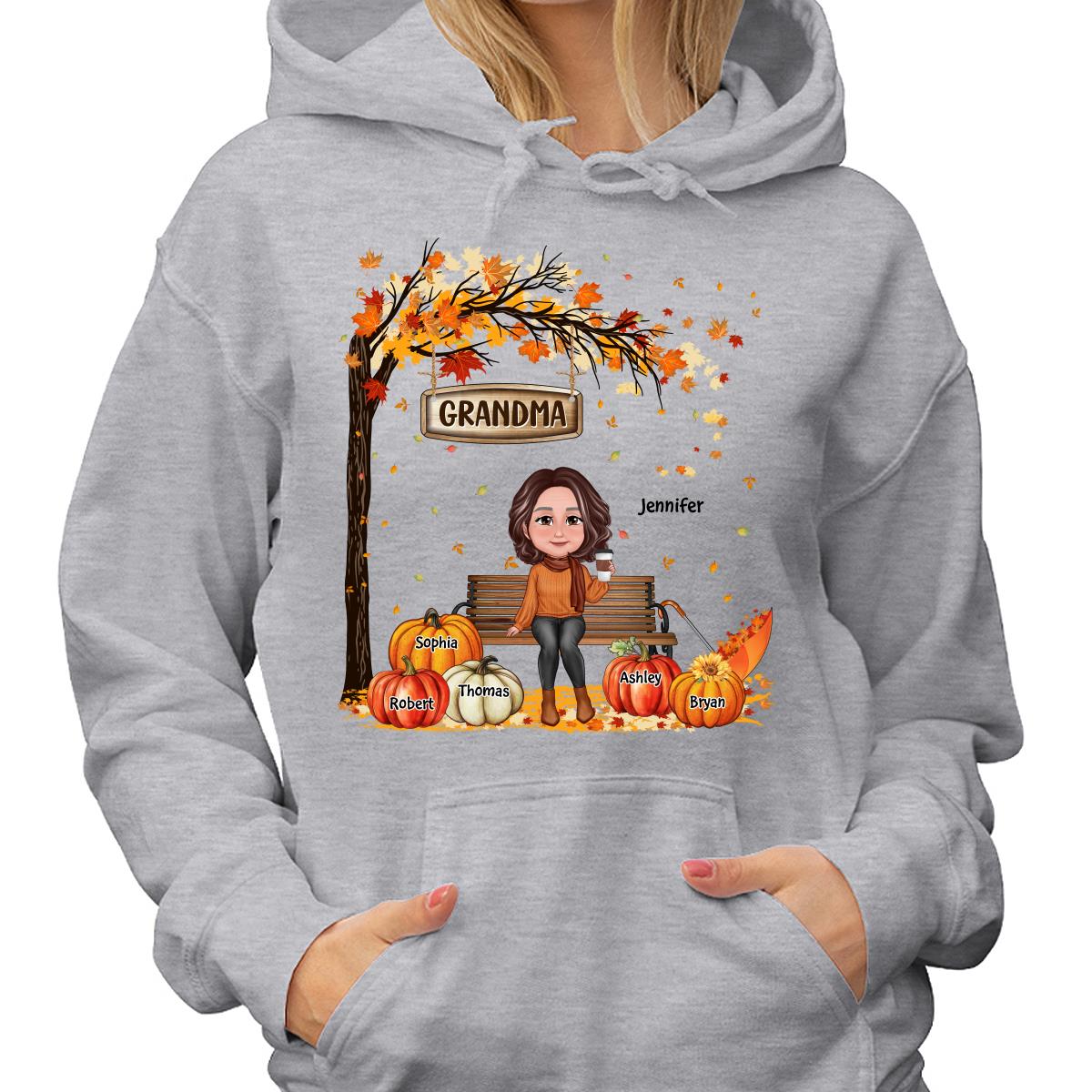 Grandma Mom Sitting On Bench Under Tree Fall Season Personalized Shirt