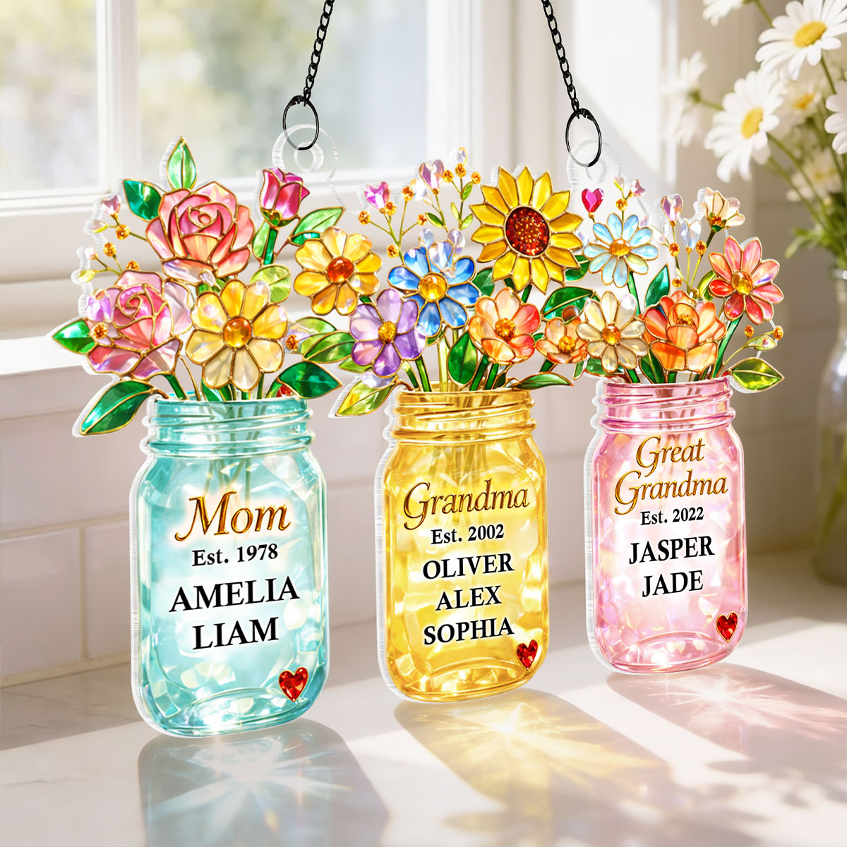 Mom Grandma Greatgrandma Flower - Personalized Acrylic Window Hanging - Heartfelt Gift for Mom, Grandma